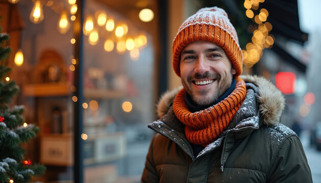 Smiling man stands in a snowy street during winter. He wears warm clothes like hat scarf coat. The man looks happy near a shop front decorated lights.