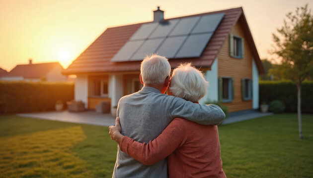 Elderly couple embraces, looks at their sustainable house with solar panels on roof at sunset. Homeownership, future, green living, retirement.