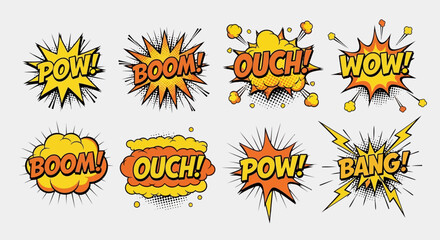 A vibrant collection of retro comic book sound effects and cartoon speech bubbles in a dynamic pop art style for creative design