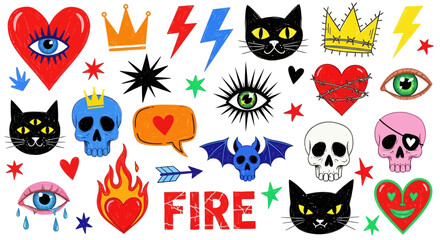 A creative set of hand-drawn punk doodle stickers with cats, skulls, eyes, and hearts. Collection 47