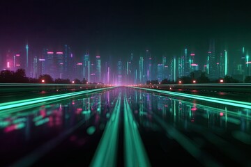 Futuristic city reflected on sleek, neon-lit highway