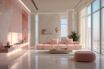 Pink apartment modular sofa, marble floor, panoramic view