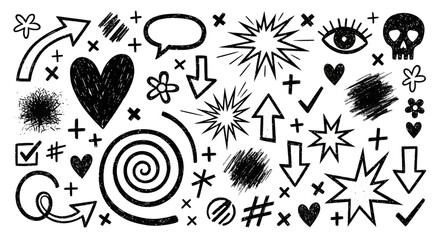 Hand-drawn doodle sketch elements collection. Abstract grunge marker symbols set with arrows, hearts, stars, and scribbles for design © Hussnain