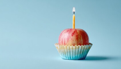 Apple 'cupcake' with lit candle on blue