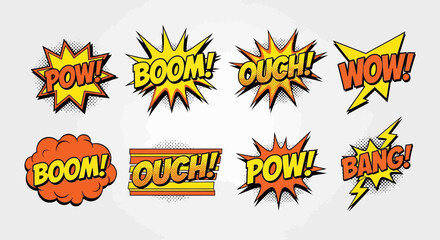 Vibrant collection of retro comic book exclamations and pop art sound effect bubbles with explosive text
