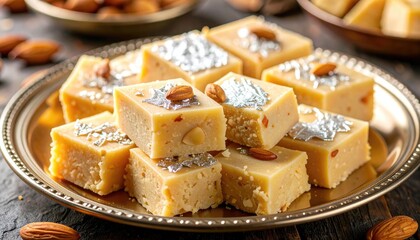 Golden Almond Fudge Squares Topped with Silver Leaf and Whole Almonds Served on an Ornate Plate
