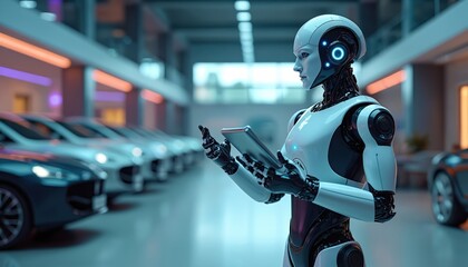 Sleek white humanoid robot holds digital tablet, works in modern car showroom. New vehicles display. Automation, AI manage future auto retail business. Tech transforms car sales, offers innovation