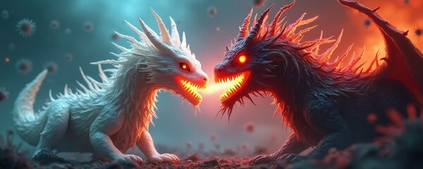 Obraz premium Two fantasy dragons with glowing eyes breathe fire in front of virus particles. One dragon is white, the other black. Dark, fantasy battle scene.