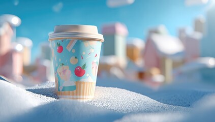 Cup in snowy scene, pastel buildings in background