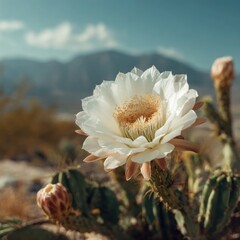 Cactus bloom, white petals against desert mountain backdrop