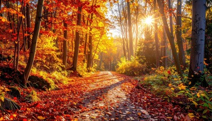 Golden Autumn Forest Path Bathed in Warm Sunlight With Falling Leaves Creating a Magical Ambiance