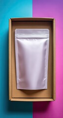 Sealed pouch sits in brown box