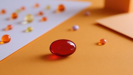 Scattered, colorful translucent beads on paper and surface