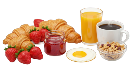 Breakfast croissants, strawberries, jam, juice, coffee, cereal, and egg