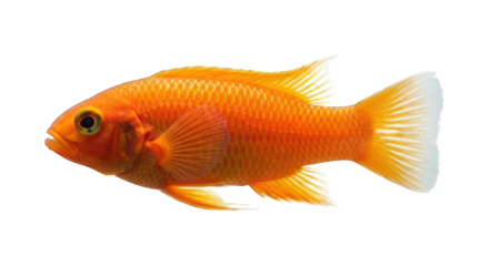 Bright orange fish with translucent fins swimming, isolated on black