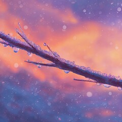 Dewy branch silhouette against a vivid sunset sky