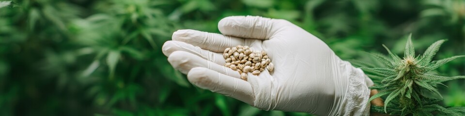 Hand in a protective glove holding hemp seeds near a flowering cannabis plant