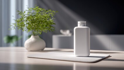 White bottle on pad, soft light, blurred background