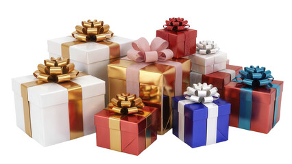Obraz premium A festive collection of beautifully wrapped gift boxes with colorful ribbons and bows isolated on transparent background