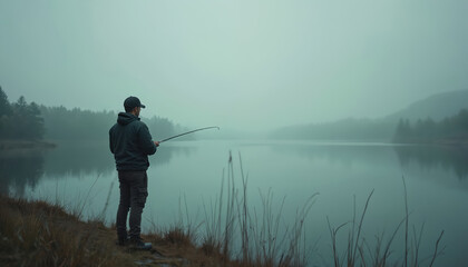 Lone fisherman stands by misty lake, fishing with rod. Wears cap, enjoying peaceful nature solitude. Calm water reflects distant trees in dense fog. Overcast day creates quiet outdoor hobby sport