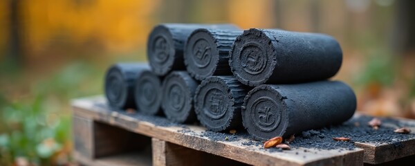 Cylindrical charcoal briquettes are stacked on a wooden pallet outdoors. These compressed fuel logs are ready for grilling, heating, or fire starting in a natural setting.