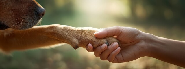 Warm shot: human hand holding a dog's paw, symbolizing friendship, trust, and loyalty