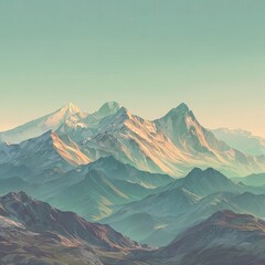 Misty, snow-capped mountains beneath a pastel sky