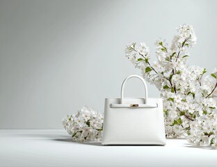 White handbag amidst blooming white floral branches