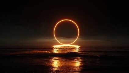 Glowing circle atop water reflects in dim, cloudy landscape