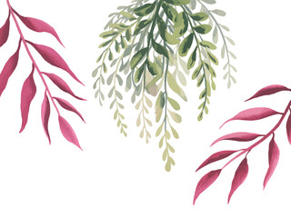 Watercolor painting of cascading green leaves and deep pink foliage