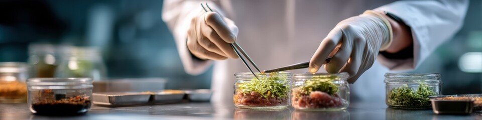 Cultured Meat Research: Scientist placing a plant sample onto lab-grown meat in a jar