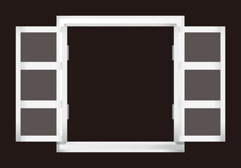 白色の窓のイラストレーション。観音開きに扉が開いている状態。ベクターイラスト。