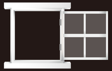 白色の窓のイラストレーション。片側に窓が開いている状態。白背景にベクターイラスト。