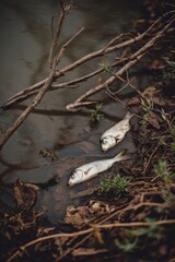 Obraz premium Environmental Tragedy: Two dead fish floating in dark, polluted water by the bank