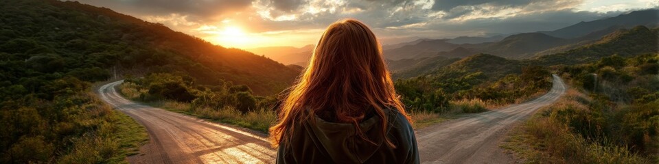 Woman at a Crossroad: Choosing a Path in the Mountains at Sunset