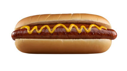 Classic hot dog with zigzag mustard line, transparent background
