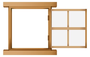 茶色の窓のイラストレーション。片側に窓が開いている状態。白背景にベクターイラスト。