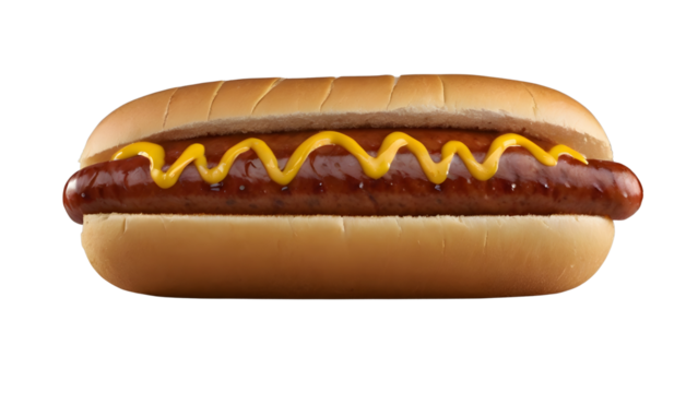 Classic hot dog with zigzag mustard line, transparent background
