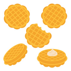 Flat illustration of five golden waffles with different shapes and one with cream