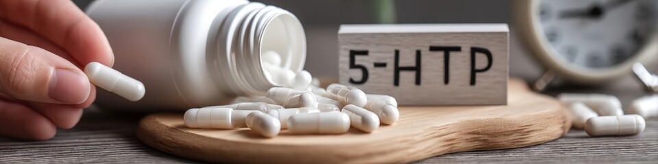 5-HTP Capsules, Wooden Sign, and Alarm Clock: Sleep and Mood Enhancement Concept.