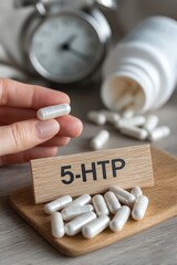 5-HTP Capsules, Wooden Sign, and Alarm Clock: Sleep and Mood Enhancement Concept.