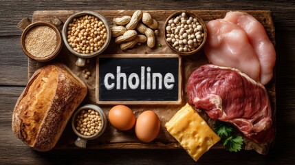 Still life with choline-rich foods: beef, chicken, eggs, cheese, soybeans, and bread, with a wooden "Choline"