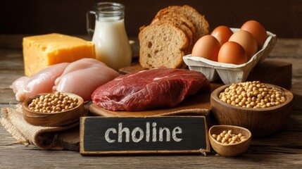 Still life with choline-rich foods: beef, chicken, eggs, cheese, soybeans, and bread, with a wooden "Choline"