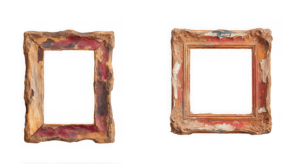 Two antique, distressed, and ornate picture frames with peeling paint and rough texture, isolated on transparent background
