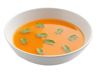 Bright orange soup garnished with mint leaves, served in a white bowl