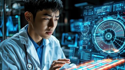 Young doctor in white coat engages with advanced digital interface, showcasing innovative technology and data analysis for healthcare solutions - Powered by Adobe