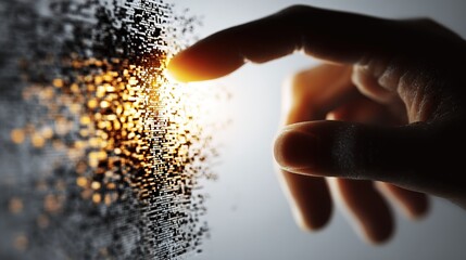 Finger Touching Golden Particle Interface: Tech Energy Scene