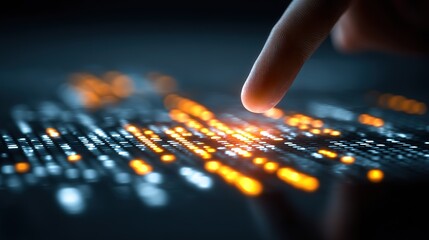 Finger Touching Orange-Blue Particle Data Interface: Tech Interaction Scene