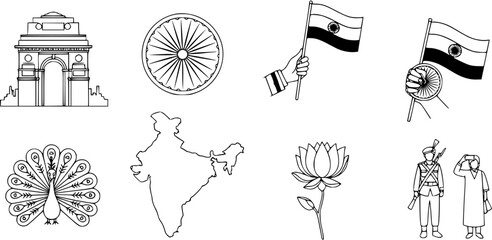 Indian National Symbols and Landmarks Line Art Set. India Gate, Ashoka Chakra, Flag, Map, Peacock, Lotus, Soldier, and People Vector Illustrations