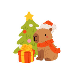 Collection of winter cute capybaras with New Years wreath, gift, bathing in hot water and in Christmas bow and hat. Vector illustration. Isolated kawaii animal character